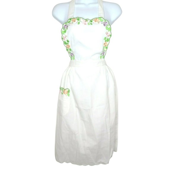 Vintage Kitchen Vintage Bib Apron Floral Embroidery White Pocket